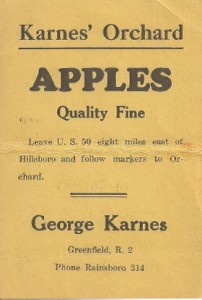 The first Karnes Orchard business card after opening the market.